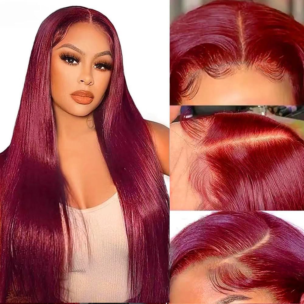 Dealzy™ BurgundyWig: Peruvian Straight Lace Frontal Wig in 99J Burgundy